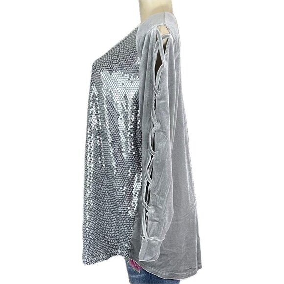 Roaman's +22/24 Gray Scoop Neck Sequin Front Velour Back Long Caged Sleeve Top - Picture 3 of 5